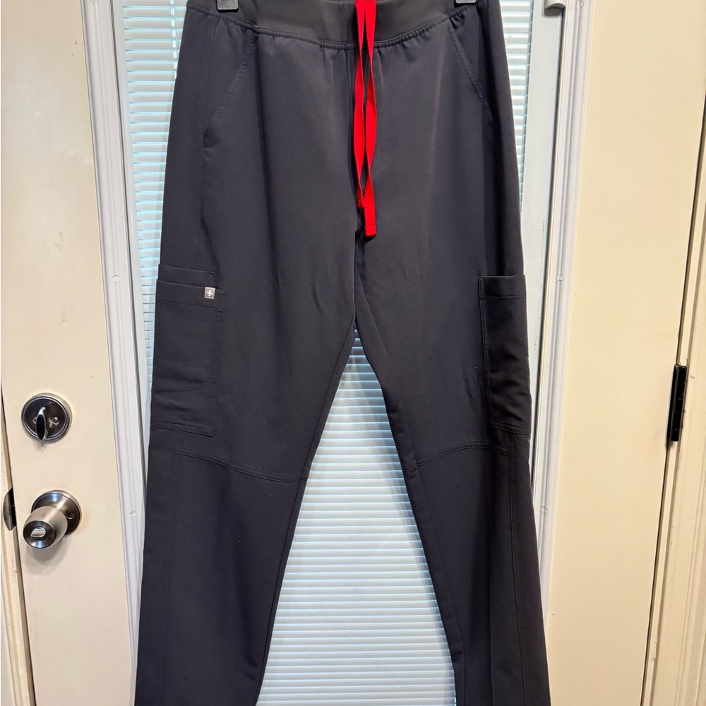 Figs Black Cargo Scrub Pants with Red Drawstring